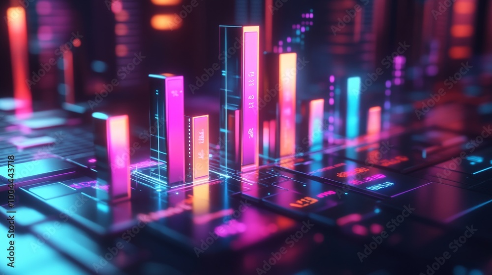 Poster a 3d bar graph rising from a sleek, metallic surface, with glowing numbers and percentages floating 