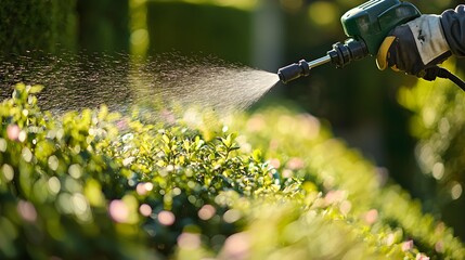 Lawn Care Worker Using Weed Sprayer in Garden Setting