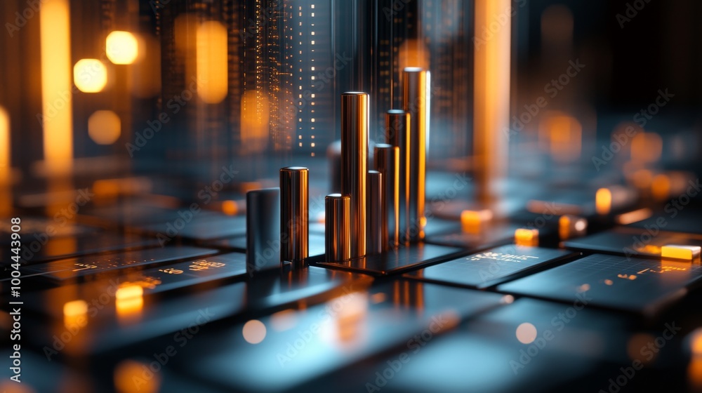 Poster A 3D bar graph rising from a sleek, metallic surface, with glowing numbers and percentages floating around each bar, representing data growth in a corporate context