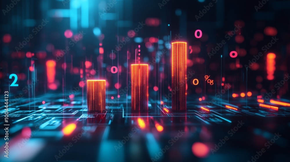 Aufkleber a 3d bar graph rising from a sleek, metallic surface, with glowing numbers and percentages floating 