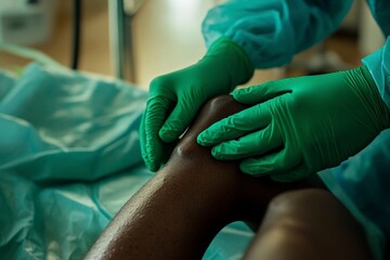 A close-up of two hands wearing green medical gloves examining or applying pressure to a patient's leg, focusing on the knee area. generative ai