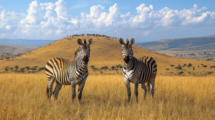 Obraz premium Two zebras grazing in the golden savanna grasslands of the Serengeti during a bright sunny day