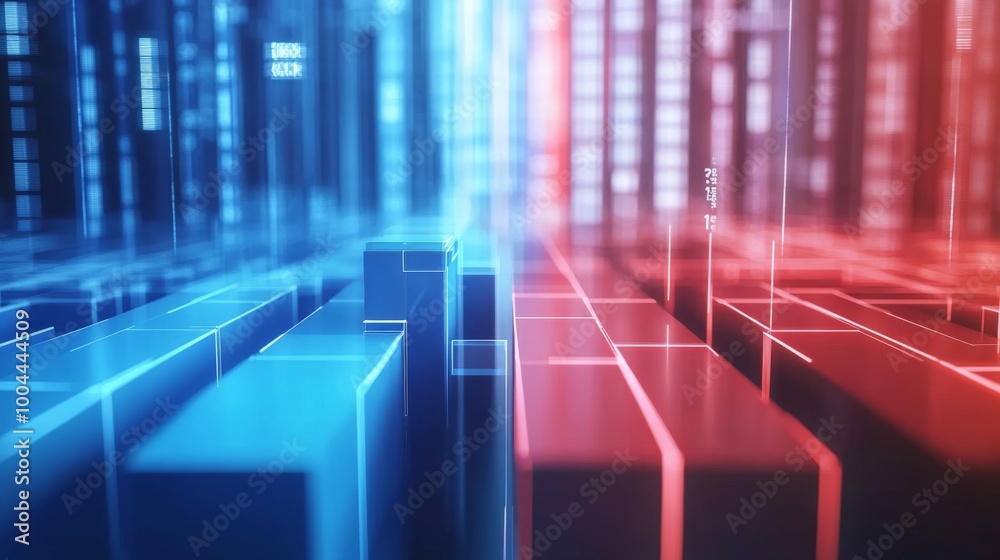 Poster a 3d bar graph with blue and red bars, highlighting a business comparison between two competitors, w