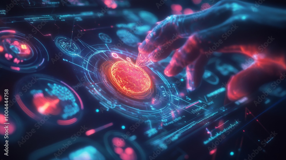 Poster A hand, rendered in a glowing, translucent blue and red color, interacts with a digital interface