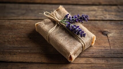 Fototapeta premium A bar of artisanal handcrafted soap wrapped in natural burlap, with a sprig of lavender tied around it, set against a rustic wood surface, perfect for an eco-friendly, thoughtful gift.