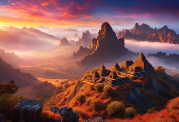 Naklejka premium vibrant sunrise illuminating majestic mountain range stunning relics scenic views, landscape, sky, clouds, colors, nature, beauty, golden, light, dawn