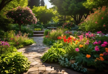 Obraz premium exquisite lush garden designs exhibiting natural beauty amidst serene urban contexts relaxation harmony, greenery, plants, flowers, trees, landscape, nature