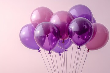 A bunch of purple and pink balloons are floating in the air