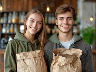 Young couple holding paper bag smiling, both dressed in casual clothing inside cozy setting, they seem happy engaged in eco-friendly activities, likely promoting waste reduction or sustainable living.