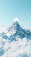 A background of a snow-capped mountain peak with soft, floating clouds, surrounded by light blue skies and soft shadows