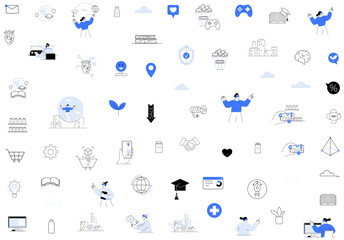 A collection of icons and illustrations showing AR, VR, and mixed reality. It includes human figures, virtual environments, smart devices, and modern technology, highlighting interactive experiences