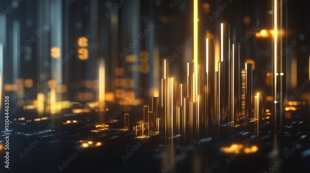 Poster A 3D financial bar graph with gold and silver bars, rising on a dark background with floating currency symbols and glowing data labels, representing stock market performance