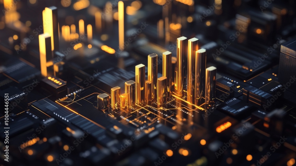 Aufkleber a 3d financial bar graph with gold and silver bars, rising on a dark background with floating curren