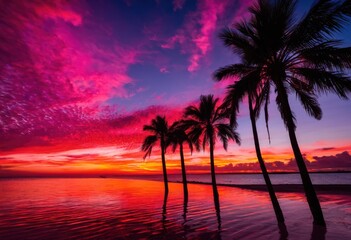 Obraz premium majestic beach sunset displaying vibrant red colors reflected tranquil water silhouetted palm trees, orange, pink, sky, clouds, reflection, light, nature