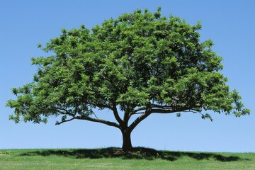 Obraz premium Large, leafy tree stands alone in the middle grassy field under clear blue sky, natural simplicity and lush green foliage create peaceful and serene atmosphere.