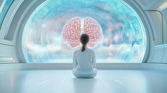 Consumer brain activity being mapped by an advanced neuromarketing device, advertisements displayed in holographic form based on subconscious reactions