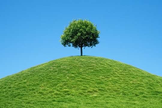 Isolated tree sits atop perfectly green hill under a cloudless blue sky, minimalist and bright landscape captures sense freedom and simplicity, with the vivid colors standing out.