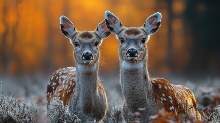 Two beautiful spotted deer stand together in a tranquil forest during sunset, showcasing their serene surroundings and vibrant colors