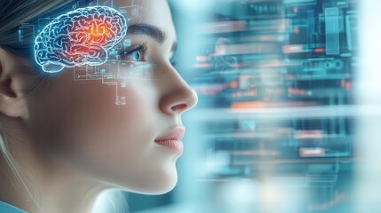 Consumer brain activity being mapped by an advanced neuromarketing device, advertisements displayed in holographic form based on subconscious reactions