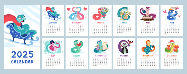 2025 calendar with cute snake vector illustrations for each month. 12 vertical pages with Chinese New Year symbol. Colorful and playful snake characters representing different seasons and holidays.