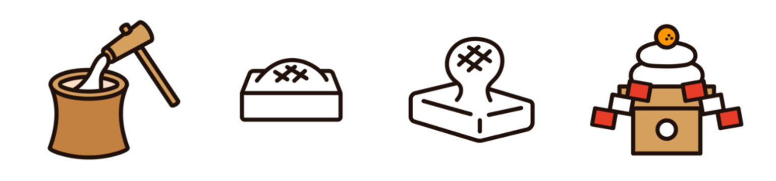 餅のイラスト。餅つきや鏡餅などお正月のベクターアイコン。シンプルなデザイン。