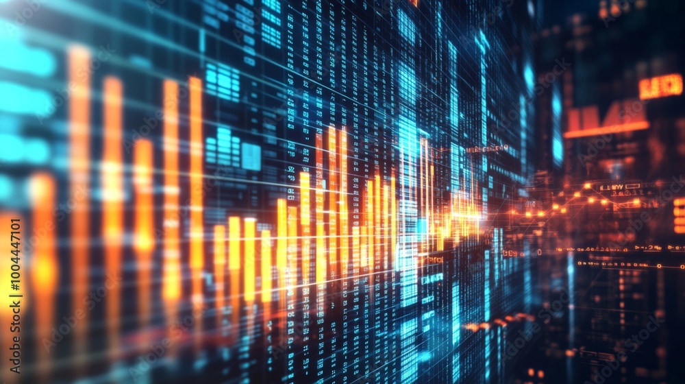 Aufkleber a 3d financial graph showing a steady rise in business revenue, with reflective bars and glowing num