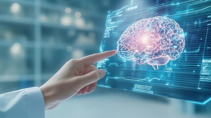 Neuromarketing researcher analyzing brainwave data on a holographic interface, discovering key emotional triggers for a successful ad campaign