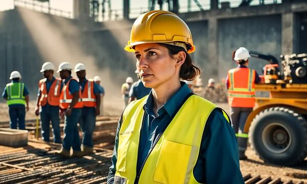 A focused construction manager navigates through a busy worksite, collaborating with workers while prioritizing safety and productivity amidst urban development