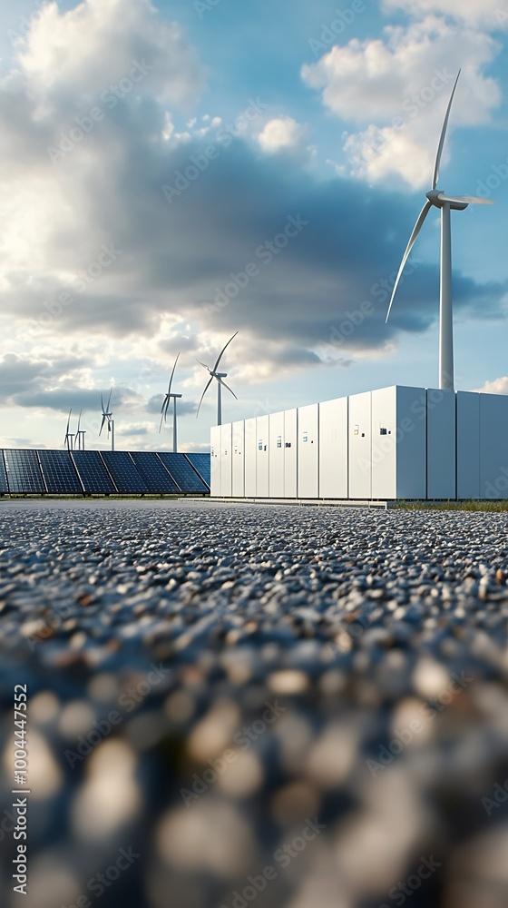 Wall mural modern sustainable energy facility with solar panels, wind turbines, and white buildings.