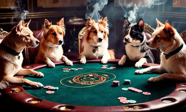 A group of cheerful dogs is gathered around a poker table, surrounded by smoke and chips. The atmosphere is vibrant as they engage in a fun game, showcasing their quirky personalities