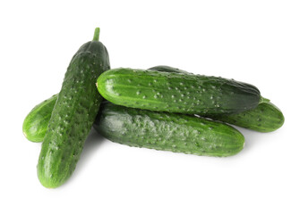Pile of fresh cucumbers isolated on white, above view