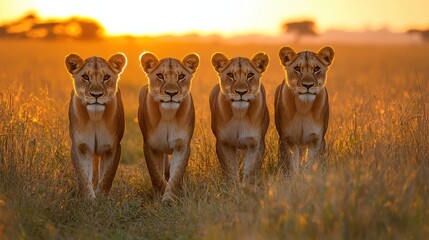 Four lions walking in the golden grasslands during sunset in the African savanna