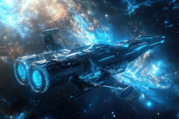 Naklejka premium A sleek spaceship navigates the vibrant colors of an expansive galaxy, showcasing the beauty of cosmic exploration at night. Generative AI