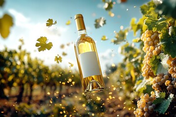A bottle of wine is flying through the air with leaves and grapes surrounding it