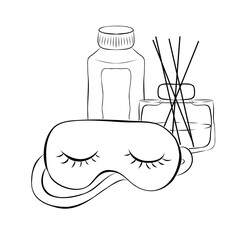 A set of relaxation items - aroma diffuser, essential oil, cream, a sleep mask. Me time, self care, slow life concept. Vector hand-drawn illustration in doodle style.
