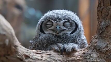 A young owl peacefully resting on a branch in a serene setting, showcasing its fluffy feathers and adorable expression