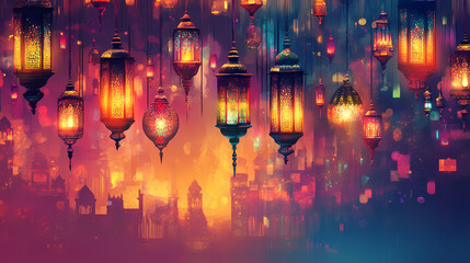 Vibrant ramadan kareem islamic backdrops adorned with lanterns, radiating festive hues and spiritual warmth. Arabian Nights. Illustration