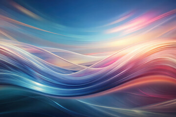 Obraz premium Vibrant waves of color transition in a surreal horizon at dusk, merging shades of blue, pink, and gold in a dynamic display. Generative AI
