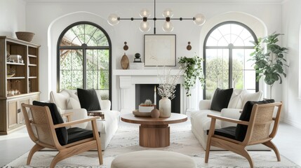 Obraz premium Modern Living Room with White Couches and Arched Windows