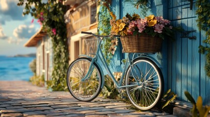 Fototapeta premium Vintage Bicycle with Flowers Near Seaside Cottages