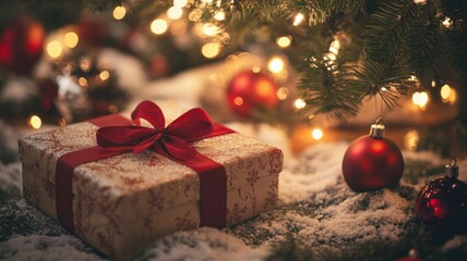 A Red Bowed Christmas Gift Under a Decorated Tree