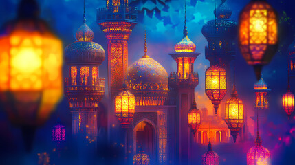 Fototapeta premium Vibrant ramadan kareem islamic backdrops adorned with lanterns, radiating festive hues and spiritual warmth. Arabian Nights. Illustration