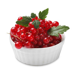 Ripe red currants with green leaves in bowl isolated on white