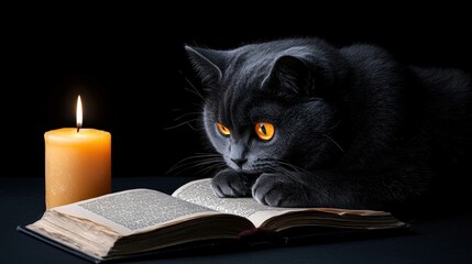 Curious black cat reading a book beside a flickering candle.