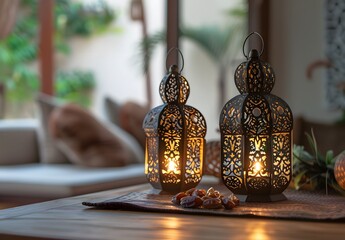 Ramadan Lanterns & Dates on Tabletop with Arabic Architecture