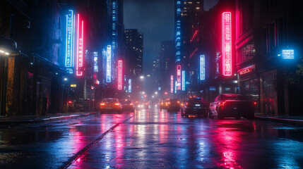 Obraz premium A rainy city street at night, lit by vibrant neon signs.