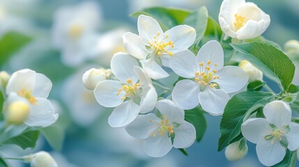 Fototapeta premium Delicate white blossoms and green leaves against a soft, dreamy background in springtime.