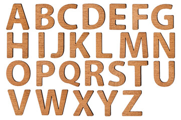 The letters of the English alphabet are cut out of wood using a laser. Cut out background. Isolater. High quality photo png