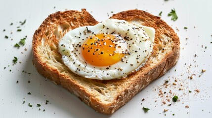 Piece of toast bread inside of it cut heart filled with fried egg on white background