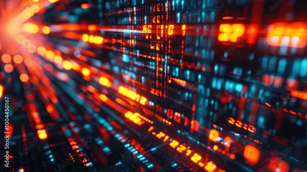 Poster bright digital grid with glowing red and blue lights representing fast-moving financial data, dynami